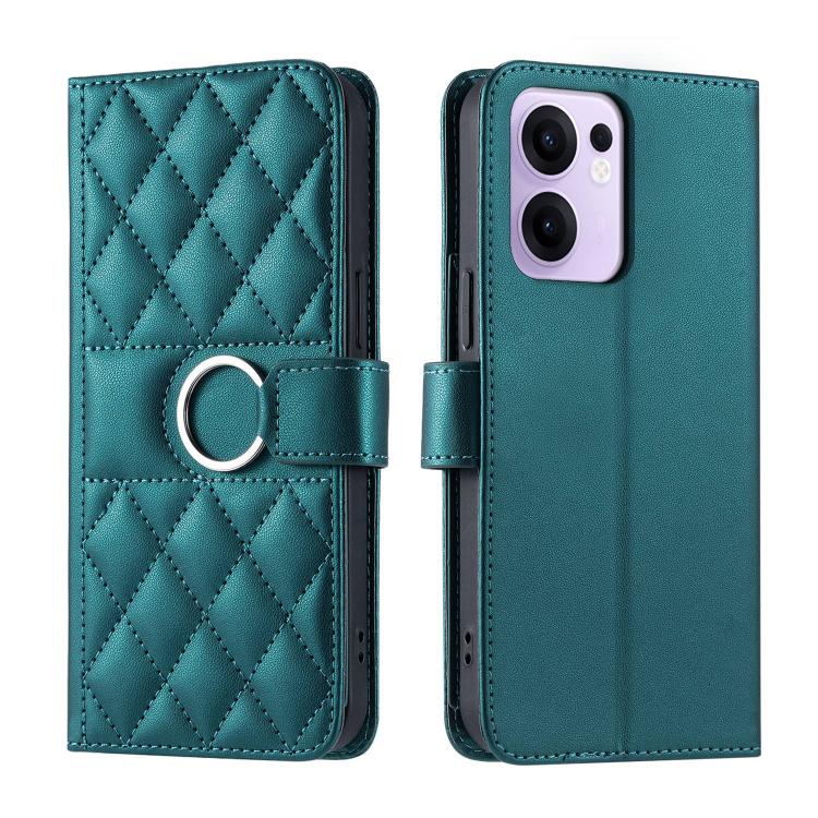 Teal leather phone case with diamond quilt and ring buckle strap, flip cover.