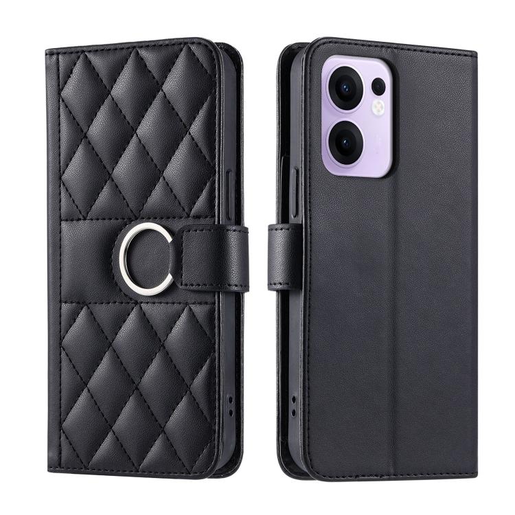 Black leather phone case with diamond quilt and ring buckle strap, flip cover.