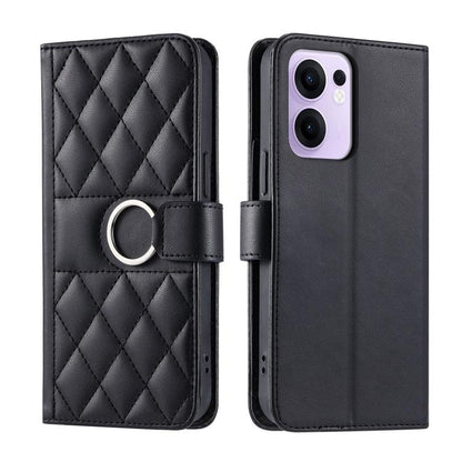 Black leather phone case with diamond quilt and ring buckle strap, flip cover.