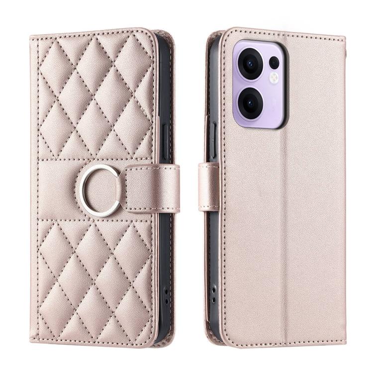 Light pink leather phone case with diamond quilt and ring buckle strap, flip cover.