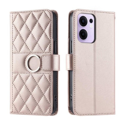Light pink leather phone case with diamond quilt and ring buckle strap, flip cover.