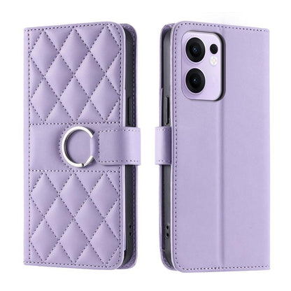 Purple leather wallet phone case with diamond quilt and ring buckle strap.