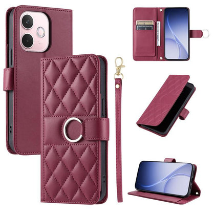 Rose-burgundy leather phone case with rhombic quilt, ring buckle strap, and card slots