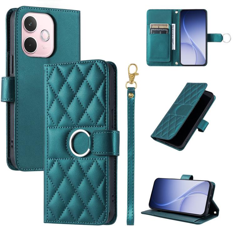 Teal leather phone case with rhombic quilt, ring buckle strap, and card slots