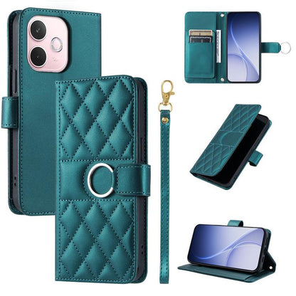 Teal leather phone case with rhombic quilt, ring buckle strap, and card slots