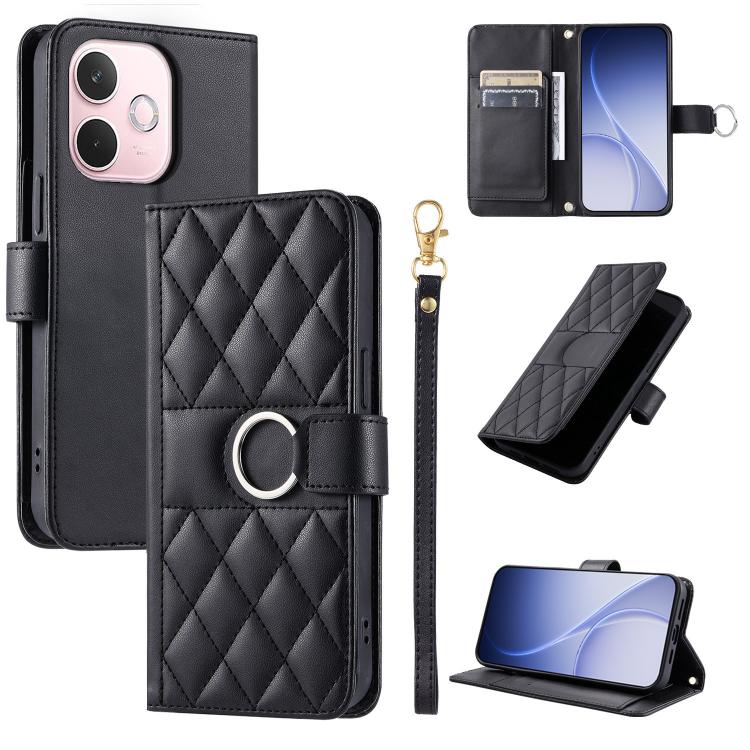 Black leather phone case with rhombic quilt, ring buckle strap, and card slots