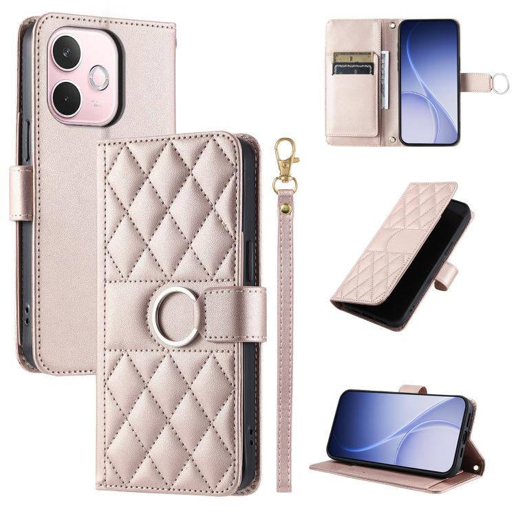Beige leather phone case with rhombic quilt, ring buckle strap, and card slots