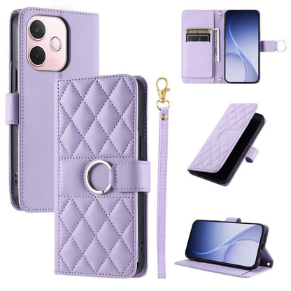 Lavender leather phone wallet case with rhombic quilt, ring buckle strap, magnetic flap