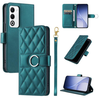 Teal quilted leather wallet phone case with ring-buckle strap and rhombus diamond pattern