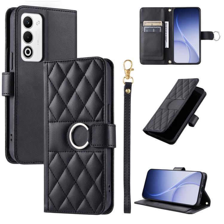 Black quilted leather wallet phone case with ring-buckle strap and rhombus diamond pattern