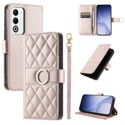 Light pink quilted leather wallet phone case with ring-buckle strap and rhombus diamond pattern