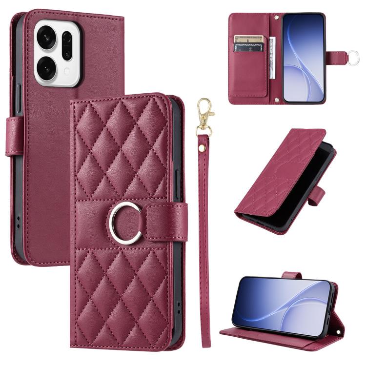Burgundy leather phone case with rhombus quilt, ring-buckle strap, and card slot