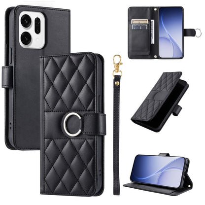 Black leather phone case with rhombus quilt, ring-buckle strap, and card slot