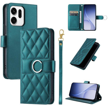 Teal leather phone case with rhombic quilt, ring buckle strap, and card slots