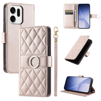 Beige leather phone case with rhombic quilt, ring buckle strap, and card slots