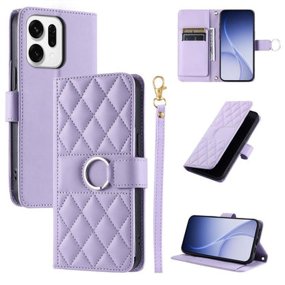 Lilac leather phone case with rhombic quilt, ring buckle strap, and card slots