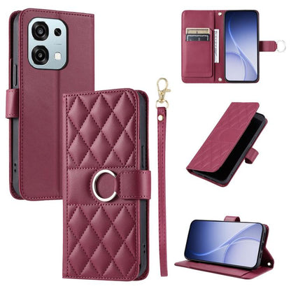 Rose-burgundy rhombus leather phone case with ring-buckle closure and folio stand