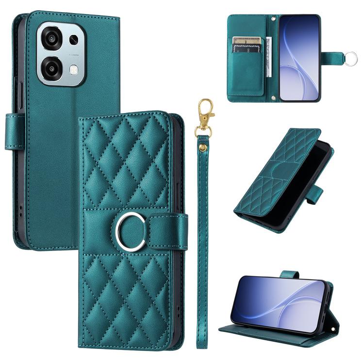 Teal rhombus leather phone case with ring-buckle closure and folio stand
