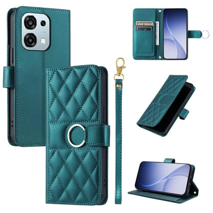 Teal rhombus leather phone case with ring-buckle closure and folio stand