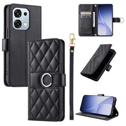 Black rhombus leather phone case with ring-buckle closure and folio stand