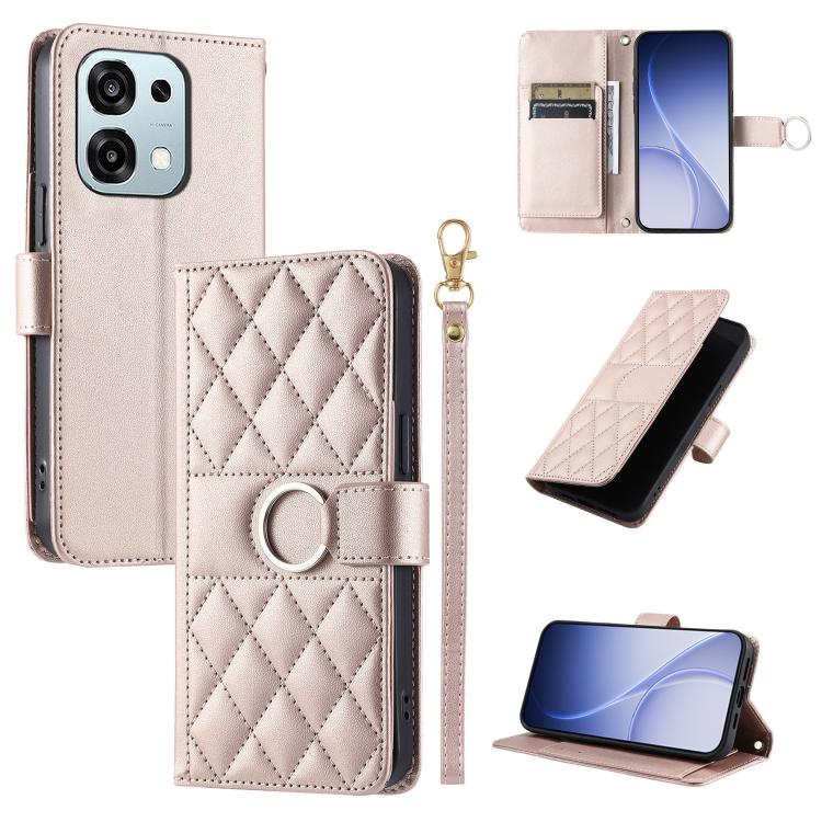 Light beige rhombus leather phone case with ring-buckle closure and folio stand