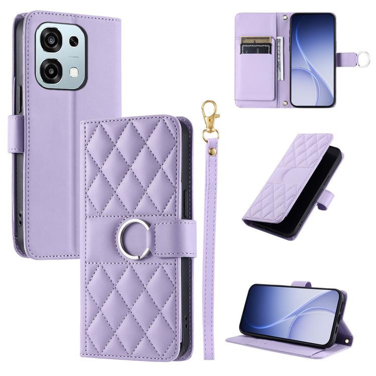 Lavender quilted leather phone case with ring-buckle strap and rhombus diamond pattern