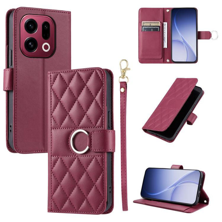 Burgundy rhombus leather phone case with ring-buckle closure and folio stand
