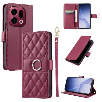 Burgundy rhombus leather phone case with ring-buckle closure and folio stand
