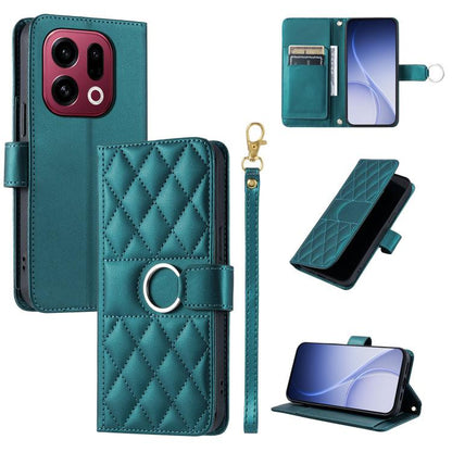 Teal rhombus leather phone case with ring-buckle closure and folio stand