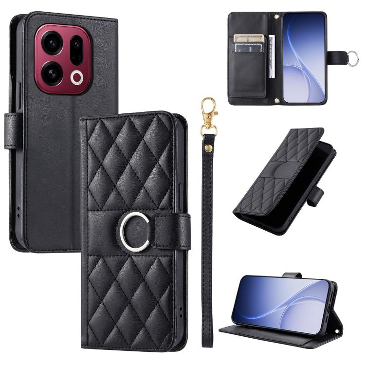 Black rhombus leather phone case with ring-buckle closure and folio stand