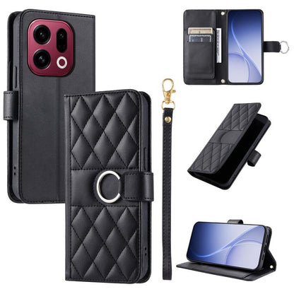 Black rhombus leather phone case with ring-buckle closure and folio stand