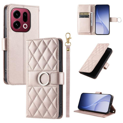 Light beige rhombus leather phone case with ring-buckle closure and folio stand