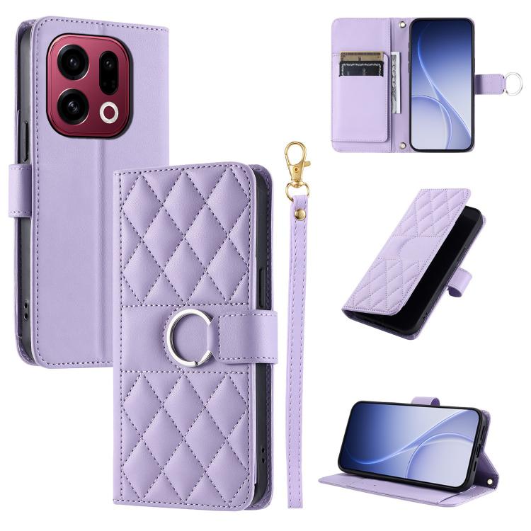 Lavender rhombus leather phone case with ring-buckle closure and folio stand