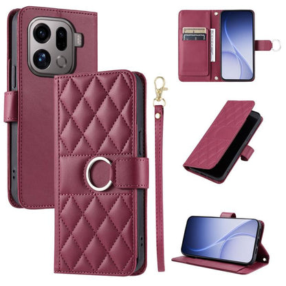 Burgundy quilted leather phone case with ring-buckle strap and rhombus diamond pattern