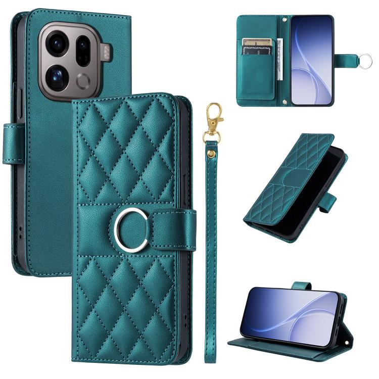 Teal quilted leather phone case with ring-buckle strap and rhombus diamond pattern