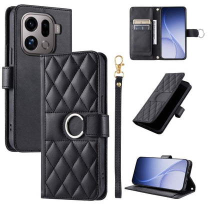 Black quilted leather phone case with ring-buckle strap and rhombus diamond pattern