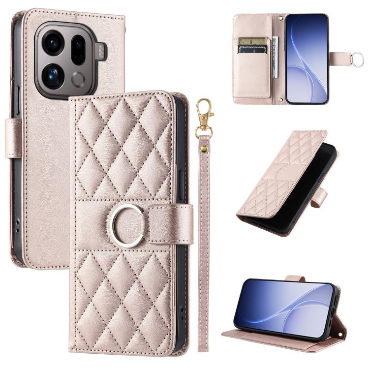 Light pink quilted leather phone case with ring-buckle strap and rhombus diamond pattern