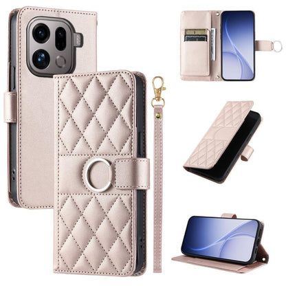 Light pink quilted leather phone case with ring-buckle strap and rhombus diamond pattern