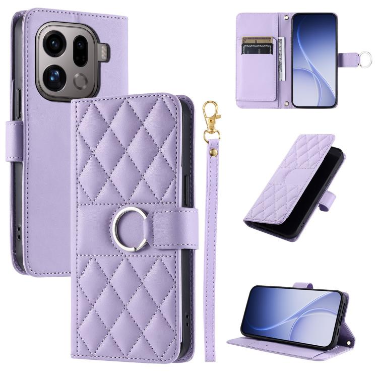 Lavender quilted leather wallet phone case with ring-buckle strap and rhombus diamond pattern