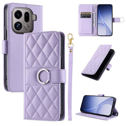 Lavender quilted leather wallet phone case with ring-buckle strap and rhombus diamond pattern