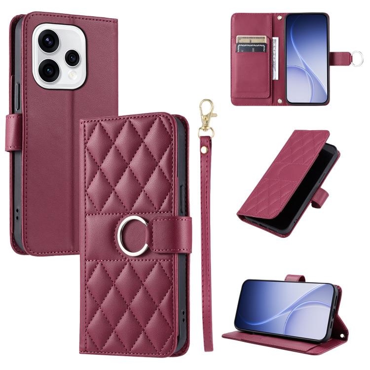 Rose burgundy rhombic quilt leather phone wallet case with ring buckle and wrist strap