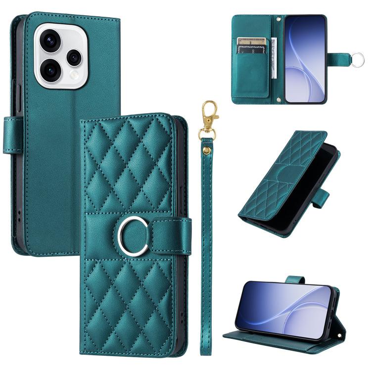 Dark teal rhombic quilt leather phone wallet case with ring buckle and wrist strap