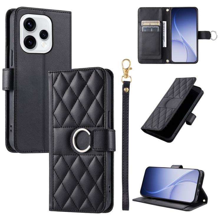 Black rhombic quilt leather phone wallet case with ring buckle and wrist strap