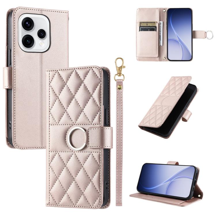 Beige rhombic quilt leather phone wallet case with ring buckle and wrist strap