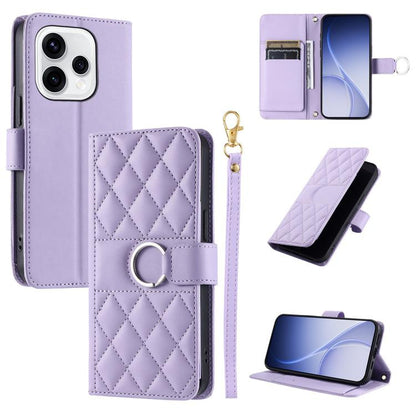 Lavender rhombus leather phone case with ring-buckle closure and folio stand