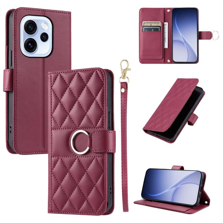 Burgundy rhombic quilt leather phone wallet case with ring buckle and wrist strap
