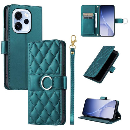 Teal rhombic quilt leather phone wallet case with ring buckle and wrist strap