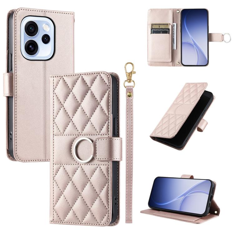 Light beige rhombic quilt leather phone wallet case with ring buckle and wrist strap