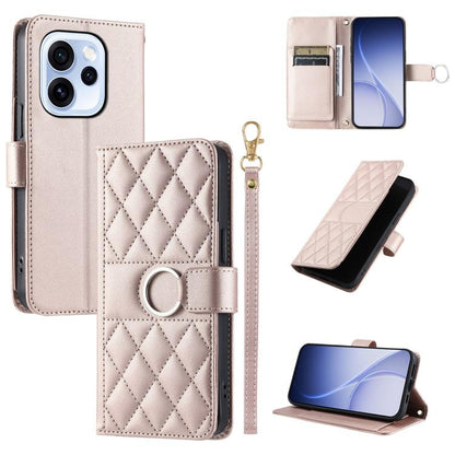 Light beige rhombic quilt leather phone wallet case with ring buckle and wrist strap