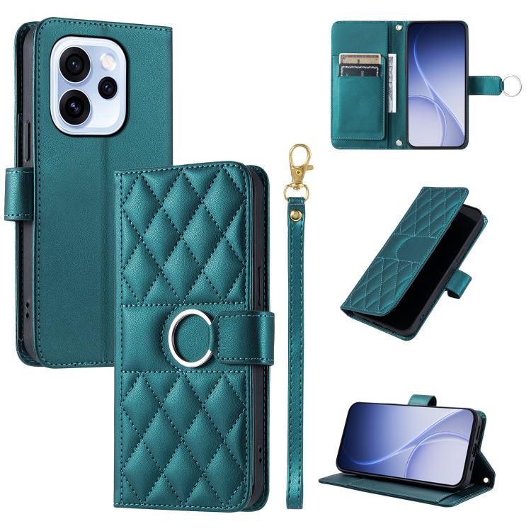 Teal leather phone case with rhombus quilt, ring buckle, and wrist strap